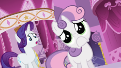 Size: 1280x720 | Tagged: safe, screencap, character:rarity, character:sweetie belle, episode:sleepless in ponyville, g4, my little pony: friendship is magic, duo, frown, pleading, puppy dog eyes