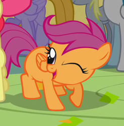 Size: 388x394 | Tagged: safe, screencap, character:apple bloom, character:scootaloo, species:earth pony, species:pegasus, species:pony, episode:call of the cutie, g4, my little pony: friendship is magic, cropped, cute, cutealoo, dancing, female, filly, one eye closed, open mouth, raised hoof, solo focus