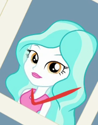 Size: 210x267 | Tagged: safe, screencap, character:paisley, equestria girls:forgotten friendship, g4, my little pony:equestria girls, background human, check mark, cropped, female, looking at you, smiling, yearbook