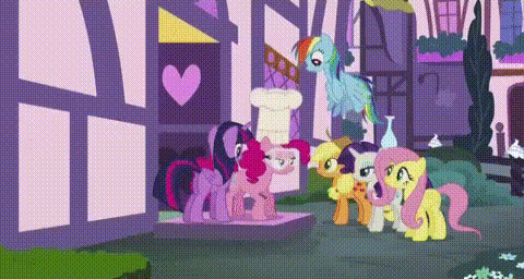 Size: 480x256 | Tagged: safe, screencap, character:applejack, character:fluttershy, character:pinkie pie, character:rainbow dash, character:rarity, character:twilight sparkle, character:twilight sparkle (alicorn), species:alicorn, species:earth pony, species:pegasus, species:pony, species:unicorn, episode:maud pie, g4, my little pony: friendship is magic, animated, butt touch, chef's hat, clothing, cowboy hat, crash, dashabuse, female, flying, gif, goggles, hat, hoof on butt, hub logo, mane six, mare, meme, ponyville, pushing, rainbow crash, rump push, throwing