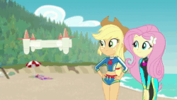 Size: 1920x1080 | Tagged: safe, screencap, character:applejack, character:fluttershy, character:rarity, equestria girls:forgotten friendship, g4, my little pony:equestria girls, adorasexy, animated, applejack's hat, beach, bikini, blowing a kiss, clothing, cowboy hat, cute, drone, geode of fauna, geode of shielding, geode of super strength, hat, magical geodes, midriff, raribetes, sarong, selfie drone, sexy, shyabetes, sound, sun hat, swimsuit, webm, wetsuit