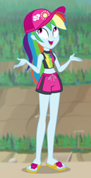 Size: 390x756 | Tagged: safe, screencap, character:rainbow dash, equestria girls:forgotten friendship, g4, my little pony:equestria girls, beach, bikini, bikini top, cap, clothing, cropped, cute, dashabetes, feet, geode of super speed, hat, legs, magical geodes, sandals, shorts, shrug, sleeveless, swimming trunks, swimsuit