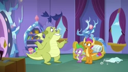 Size: 1920x1080 | Tagged: safe, screencap, character:sludge, character:smolder, character:spike, species:dragon, episode:father knows beast, g4, my little pony: friendship is magic, bed, bedroom, book, dragoness, female, fraud, hand on hip, raised eyebrow, shelf, twilight's castle, window, winged spike