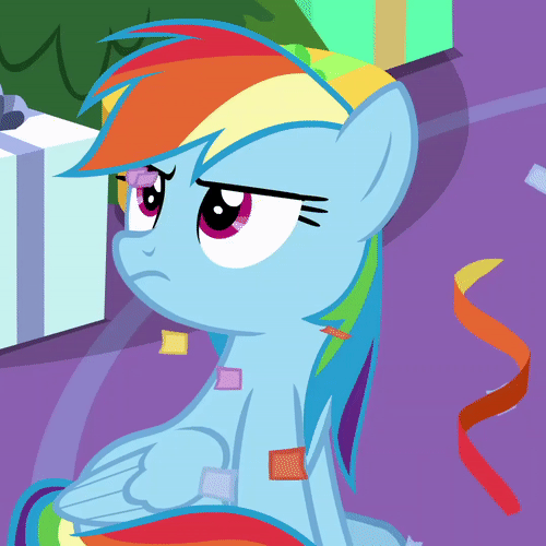 Size: 500x500 | Tagged: safe, screencap, character:rainbow dash, species:pegasus, species:pony, episode:best gift ever, g4, my little pony: friendship is magic, animated, annoyed, blowing, christmas, christmas tree, confetti, cross-eyed, cute, cuteness overload, dashabetes, dashfetti, female, frown, gif, glare, holiday, looking up, madorable, mare, open mouth, present, sitting, solo, tree, twilight's castle