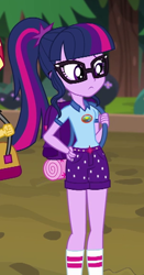 Size: 300x571 | Tagged: safe, screencap, character:twilight sparkle, character:twilight sparkle (scitwi), species:eqg human, equestria girls:legend of everfree, g4, my little pony:equestria girls, camp everfree outfits, clothing, cropped, female, glasses, ponytail, shorts, socks, solo