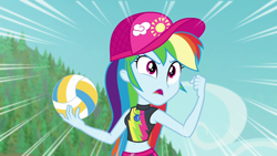 Size: 1920x1080 | Tagged: safe, screencap, character:rainbow dash, equestria girls:forgotten friendship, g4, my little pony:equestria girls, ball, beach, beach ball, beach volleyball, belly, belly button, bikini, cap, clothing, dynamic lines, geode of super speed, hat, lines, magical geodes, midriff, sleeveless, swimsuit