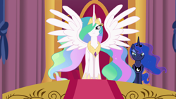 Size: 1920x1080 | Tagged: safe, screencap, character:princess celestia, character:princess luna, species:alicorn, species:pony, equestria girls:forgotten friendship, g4, my little pony:equestria girls, duo, ethereal mane, female, galaxy mane, hair over one eye, hoof shoes, mare, royal sisters, spread wings, wings
