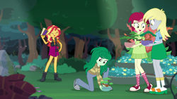 Size: 1920x1080 | Tagged: safe, screencap, character:derpy hooves, character:roseluck, character:sunset shimmer, character:wallflower blush, equestria girls:forgotten friendship, g4, my little pony:equestria girls, background human, bonsai, boots, clothing, converse, cute, flowerbetes, garden, gardener, geode of empathy, happy, magical geodes, sandals, shimmerbetes, shoes, skirt, sneakers, socks, socks with sandals, sweater, wallflower and plants, wide eyes