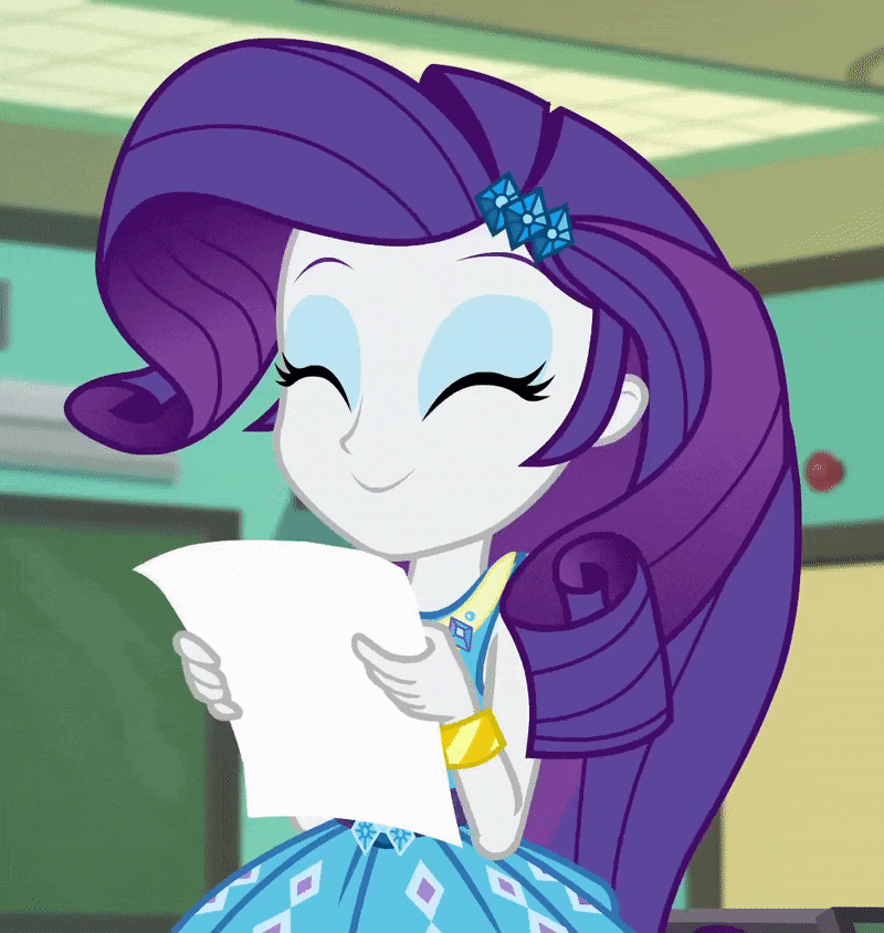 Size: 800x844 | Tagged: safe, screencap, character:rarity, equestria girls:forgotten friendship, g4, my little pony:equestria girls, ^^, animated, cropped, cute, dawwww, eyes closed, geode of shielding, gif, happy, loop, magical geodes, paper, raribetes, smiling, solo