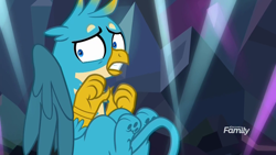 Size: 1920x1080 | Tagged: safe, screencap, character:gallus, species:griffon, episode:what lies beneath, g4, my little pony: friendship is magic, anxiety, claustrophobia, frown, gritted teeth, male, paw pads, paws, scared, sitting, solo, spread wings, underpaw, wide eyes, wings
