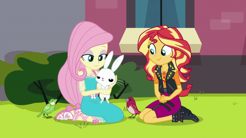 Size: 800x450 | Tagged: safe, screencap, character:angel bunny, character:fluttershy, character:sunset shimmer, species:bird, equestria girls:forgotten friendship, g4, my little pony:equestria girls, angelbetes, animated, cute, geode of empathy, geode of fauna, gif, lucky bastard, magical geodes, shimmerbetes, shyabetes, trio