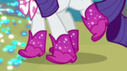 Size: 2208x1242 | Tagged: safe, screencap, character:rarity, episode:the end in friend, g4, my little pony: friendship is magic, boots, clothing, cropped, glitter boots, legs, pictures of legs, raised leg, scarf, shoes