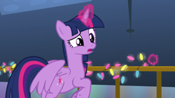 Size: 1280x720 | Tagged: safe, screencap, character:twilight sparkle, character:twilight sparkle (alicorn), species:alicorn, species:pony, episode:best gift ever, g4, my little pony: friendship is magic, christmas, christmas lights, female, flying, holiday, magic, magic aura, mare, solo, telekinesis