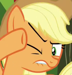 Size: 795x830 | Tagged: safe, screencap, character:applejack, species:earth pony, species:pony, applejack's hat, clothing, cowboy hat, disgusted, female, hat, lip bite, mare, one eye closed, reaction image, solo