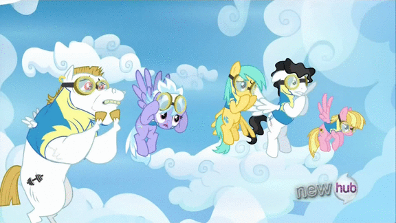 Size: 576x324 | Tagged: safe, screencap, character:bulk biceps, character:cloudchaser, character:meadow flower, character:rainbow dash, character:starry eyes, character:sunshower raindrops, episode:wonderbolts academy, animated, roid rage, wonderbolt trainee uniform