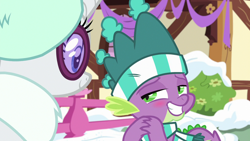 Size: 1280x720 | Tagged: safe, screencap, character:rarity, character:spike, species:dragon, episode:best gift ever, g4, my little pony: friendship is magic, blushing, clothing, scarf, snow, sunglasses, winged spike