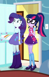 Size: 326x510 | Tagged: safe, screencap, character:rarity, character:twilight sparkle, character:twilight sparkle (scitwi), species:eqg human, episode:leaping off the page, eqg summertime shorts, g4, my little pony:equestria girls, boots, clothing, cropped, female, glasses, mary janes, ponytail, rainbow dash's bedroom, rainbow dash's house, shoes, skirt