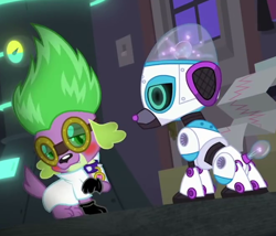 Size: 660x565 | Tagged: safe, screencap, character:spike, character:spike (dog), species:dog, episode:mad twience, eqg summertime shorts, g4, my little pony:equestria girls, blushing, cropped, cute, meme, otp, robot, robot dog, spikabetes