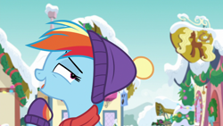 Size: 1280x720 | Tagged: safe, screencap, character:rainbow dash, species:pegasus, species:pony, episode:best gift ever, g4, my little pony: friendship is magic, clothing, cute, dashabetes, female, mare, open mouth, raised hoof, scarf, snow, solo