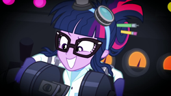 Size: 1920x1080 | Tagged: safe, screencap, character:twilight sparkle, character:twilight sparkle (scitwi), species:eqg human, episode:mad twience, eqg summertime shorts, g4, my little pony:equestria girls, clothing, goggles, lab coat, mad scientist, plug