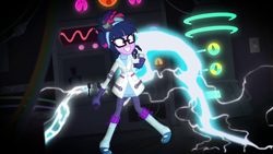 Size: 1920x1080 | Tagged: safe, screencap, character:twilight sparkle, character:twilight sparkle (scitwi), species:eqg human, episode:mad twience, eqg summertime shorts, g4, my little pony:equestria girls, clothing, electricity, glasses, gloves, grin, lab coat, mad scientist, pants, smiling