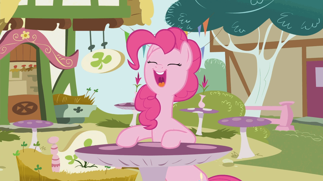 Size: 1280x720 | Tagged: safe, screencap, character:pinkie pie, species:earth pony, species:pony, episode:too many pinkie pies, g4, my little pony: friendship is magic, animated, blinking, female, happy, loop, mare, open mouth, sitting, solo, talking