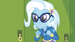 Size: 1920x1080 | Tagged: safe, screencap, character:trixie, episode:best trends forever, g4, my little pony:equestria girls, adorkable, best trends forever: twilight sparkle, choose twilight sparkle, cute, diatrixes, dork, glasses, smiling, solo