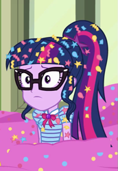 Size: 407x593 | Tagged: safe, screencap, character:twilight sparkle, character:twilight sparkle (scitwi), species:eqg human, episode:best trends forever, g4, my little pony:equestria girls, best trends forever: pinkie pie, canterlot high, confetti, female, geode of telekinesis, glasses, imminent detention, magical geodes, messy hair, ponytail, worried