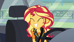 Size: 1920x1080 | Tagged: safe, screencap, character:sunset shimmer, episode:driving miss shimmer, g4, my little pony:equestria girls, ^^, car, cute, driving miss shimmer: rarity, eyes closed, geode of empathy, grin, happy, magical geodes, seatbelt, shimmerbetes, smiling, solo, steering wheel