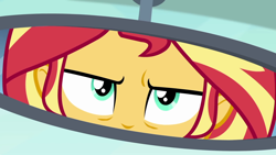 Size: 1920x1080 | Tagged: safe, screencap, character:sunset shimmer, episode:driving miss shimmer, g4, my little pony:equestria girls, annoyed, driving miss shimmer: fluttershy, female, fluttershy's car, rear view mirror, solo, sunset shimmer is not amused, unamused