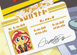 Size: 718x517 | Tagged: safe, screencap, character:sunset shimmer, episode:driving miss shimmer, g4, my little pony:equestria girls, cropped, driver's license, geode of empathy, magical geodes, solo, written equestrian