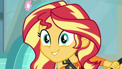 Size: 1920x1080 | Tagged: safe, screencap, character:sunset shimmer, episode:driving miss shimmer, g4, my little pony:equestria girls, car, driving miss shimmer: fluttershy, excited, geode of empathy, magical geodes, solo