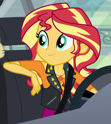 Size: 841x937 | Tagged: safe, screencap, character:sunset shimmer, episode:driving miss shimmer, g4, my little pony:equestria girls, car, cropped, cute, driving miss shimmer: rarity, geode of empathy, magical geodes, seatbelt, shimmerbetes, solo, steering wheel