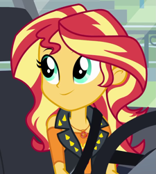 Size: 881x980 | Tagged: safe, screencap, character:sunset shimmer, episode:driving miss shimmer, g4, my little pony:equestria girls, cropped, driving miss shimmer: rarity, geode of empathy, magical geodes, seatbelt, solo, steering wheel