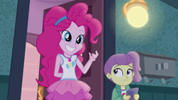Size: 1920x1080 | Tagged: safe, screencap, character:pinkie pie, episode:pinkie sitting, g4, my little pony:equestria girls, creepy, creepy smile, geode of sugar bombs, i need an adult, lily pad (equestria girls), magical geodes, out of context, smiling, young