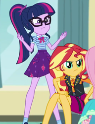 Size: 540x702 | Tagged: safe, screencap, character:fluttershy, character:sunset shimmer, character:twilight sparkle, character:twilight sparkle (scitwi), species:eqg human, episode:overpowered, g4, my little pony:equestria girls, angry, cropped, geode of empathy, geode of telekinesis, legs, magical geodes, offscreen character