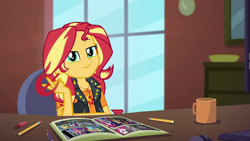 Size: 1920x1080 | Tagged: safe, screencap, character:sunset shimmer, episode:super squad goals, g4, my little pony:equestria girls, breaking the fourth wall, eraser, fourth wall, geode of empathy, looking at you, magical geodes, marker, mug, pencil, smugset shimmer, solo, sunset's apartment