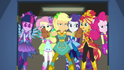 Size: 1920x1080 | Tagged: safe, screencap, character:applejack, character:fluttershy, character:pinkie pie, character:rarity, character:sunset shimmer, character:twilight sparkle, character:twilight sparkle (scitwi), species:eqg human, episode:super squad goals, g4, my little pony:equestria girls, crystal guardian, geode of empathy, geode of sugar bombs, geode of super strength, geode of telekinesis, magical geodes