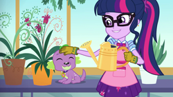 Size: 1920x1080 | Tagged: safe, screencap, character:spike, character:spike (dog), character:twilight sparkle, character:twilight sparkle (scitwi), species:dog, species:eqg human, episode:my little shop of horrors, g4, my little pony:equestria girls, apron, celestia's house, clothing, cute, duo, eyes closed, geode of telekinesis, glasses, gloves, magical geodes, mama twilight, plant, plants, potted plant, spikabetes, spikelove, twiabetes, watering can