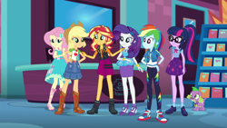 Size: 1920x1080 | Tagged: safe, screencap, character:applejack, character:fluttershy, character:rainbow dash, character:rarity, character:spike, character:spike (dog), character:sunset shimmer, character:twilight sparkle, character:twilight sparkle (scitwi), species:dog, species:eqg human, episode:a fine line, g4, my little pony:equestria girls, boots, clothing, converse, cowboy hat, denim skirt, geode of empathy, geode of fauna, geode of shielding, geode of super speed, geode of super strength, geode of telekinesis, glasses, hat, high heel boots, high heels, jacket, leather jacket, magical geodes, mall, ponytail, sandals, shoes, skirt, sneakers, stetson, store