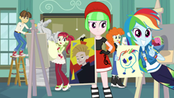 Size: 1920x1080 | Tagged: safe, screencap, character:drama letter, character:rainbow dash, character:watermelody, character:wiz kid, episode:queen of clubs, g4, my little pony:equestria girls, background human, beret, care root, clothing, converse, cute, dashabetes, drawing, geode of super speed, golden hazel, hat, magical geodes, peace sign, photobomb, rose heart, shoes, wiz kid