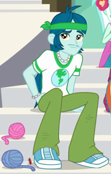 Size: 545x853 | Tagged: safe, screencap, character:captain planet, episode:queen of clubs, g4, my little pony:equestria girls, background human, clothing, cropped, hand in pocket, hands in pockets, looking at you, male, pants, shoes, sitting, smiling, sneakers, solo, yarn, yarn ball