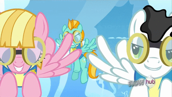 Size: 576x324 | Tagged: safe, screencap, character:lightning dust, character:meadow flower, character:starry eyes, episode:wonderbolts academy, animated, haters gonna hate, hub logo, milky way, road rage, wonderbolt trainee uniform