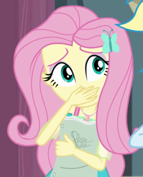 Size: 517x641 | Tagged: safe, screencap, character:fluttershy, character:rainbow dash, episode:stressed in show, g4, my little pony:equestria girls, butterfly, covering mouth, cropped, cute, geode of fauna, hand on mouth, magical geodes, script, shyabetes