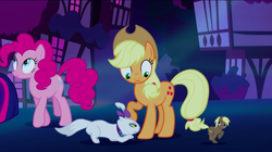 Size: 1440x809 | Tagged: safe, screencap, character:applejack, character:coco crusoe, character:opalescence, character:pinkie pie, species:earth pony, species:pony, episode:do princesses dream of magic sheep?, cat, chase, dream, female, galloping, looking down, male, mare, micro, night, raised hoof, shared dream, stalker, stalking, stallion, tiny, tiny ponies