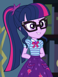 Size: 495x661 | Tagged: safe, screencap, character:twilight sparkle, character:twilight sparkle (scitwi), species:eqg human, episode:star crossed, g4, my little pony:equestria girls, arm behind back, bow tie, clothing, cropped, cute, female, geode of telekinesis, glasses, magical geodes, ponytail, skirt, smiling, solo, twiabetes