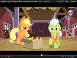 Size: 1024x768 | Tagged: safe, screencap, character:applejack, character:granny smith, episode:apple family reunion, g4, my little pony: friendship is magic, box, hub logo, hubble, link, preview, youtube, youtube link