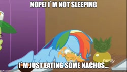 Size: 887x500 | Tagged: safe, screencap, character:rainbow dash, episode:grannies gone wild, g4, my little pony: friendship is magic, caption, chips, food, image macro, nachos, text