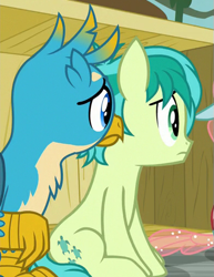 Size: 391x507 | Tagged: safe, screencap, character:gallus, character:ocellus, character:sandbar, species:changedling, species:earth pony, species:pony, episode:school daze, g4, my little pony: friendship is magic, claws, cropped, cutie mark, male, offscreen character, teenager