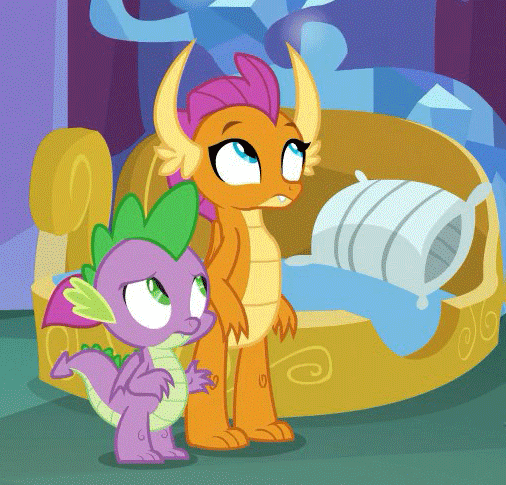 Size: 506x485 | Tagged: safe, screencap, character:smolder, character:spike, species:dragon, episode:father knows beast, g4, my little pony: friendship is magic, animated, baby, baby dragon, claws, comforting, cropped, dragoness, duo, fangs, female, folded wings, friends, gentle, gif, heartbreak, horns, hug, male, sad, sigh, spike's room, sympathy, teenaged dragon, teenager, winged spike, wings